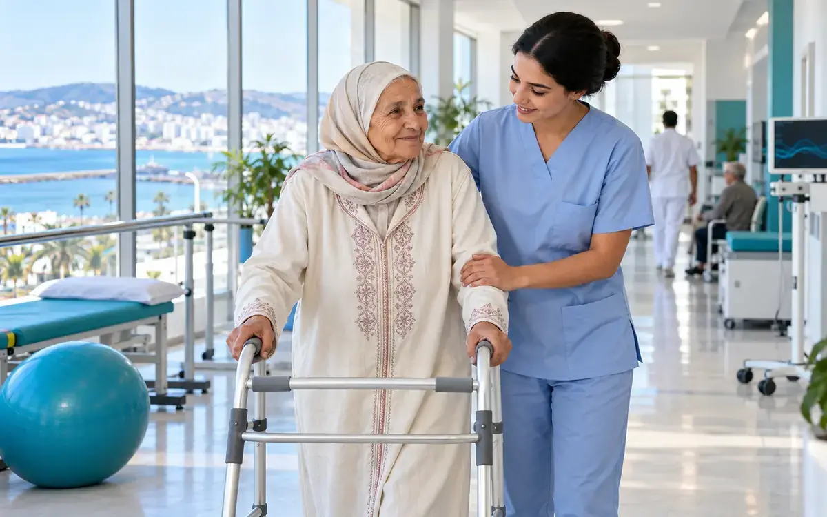 Aide-soignante accompagnant une patiente avec un déambulateur