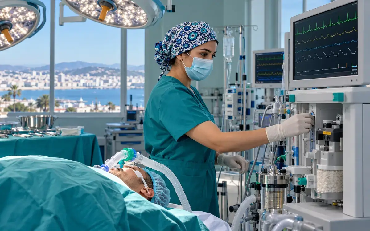 Infirmière anesthésiste réglant le respirateur au bloc opératoire